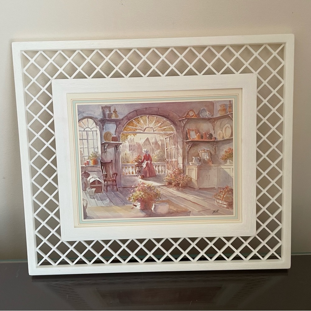 Vintage 80s Burkland Signed Framed Art Print Wall Art Countryside Flowers Rustic